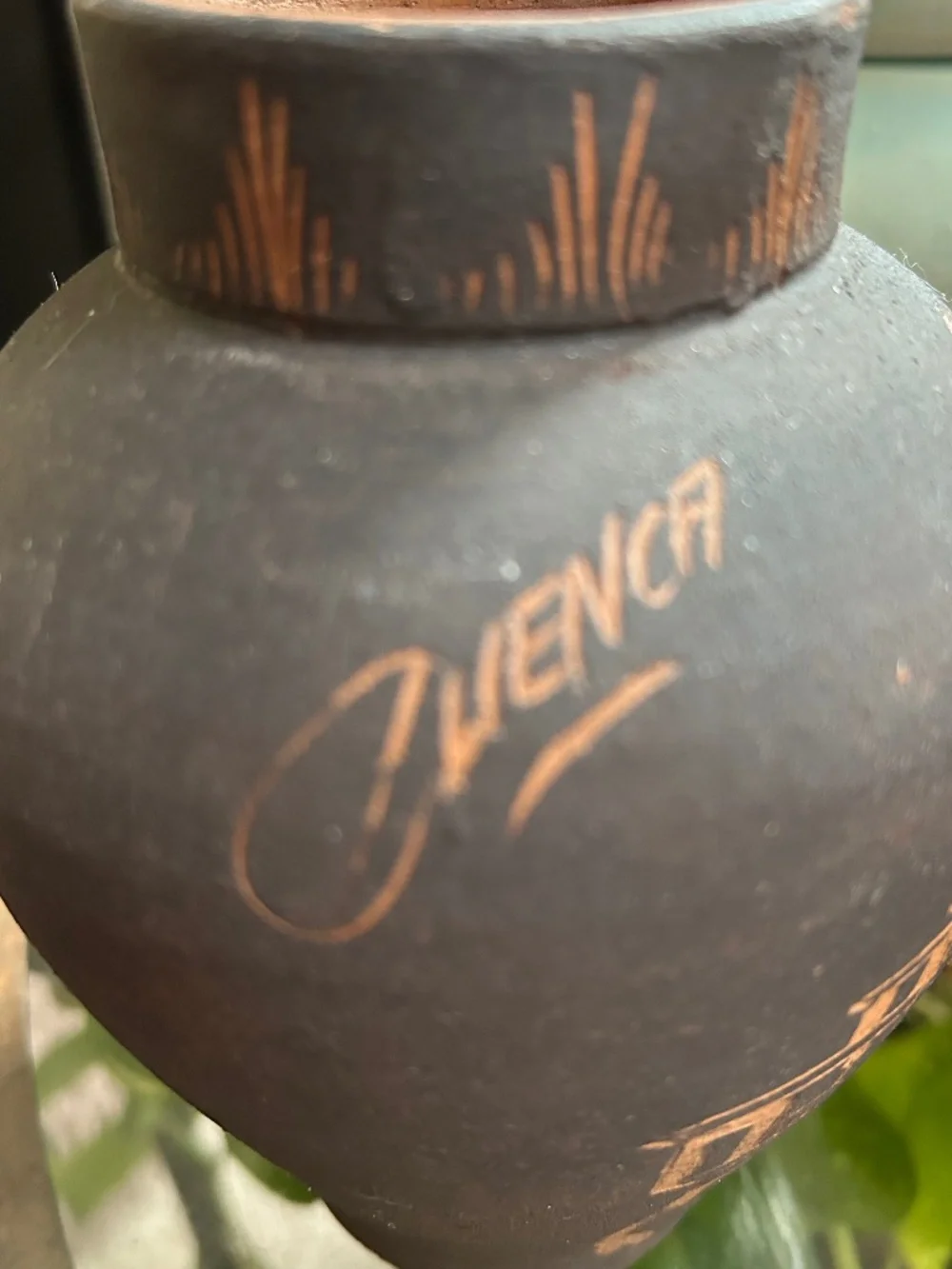 Vintage Signed Cuenca Hand Etched Black Studio Pottery Vase Matte Black Sgraffit
